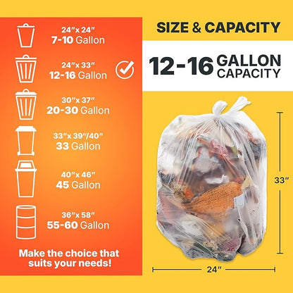 12-16 Gallon Trash Bags, 8 Micron High Density Garbage Can Liners Bulk, 24" x 33", Natural Clear, 1000 Count