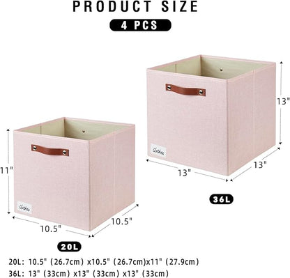 Collapsible Fabric Storage Cube Bins with 2 Reinforced PU Handles, Foldable Storage Organizer Baskets for Closet, Shelves, Living Room | 13"x13"x13", 4 Pack, Full Pink