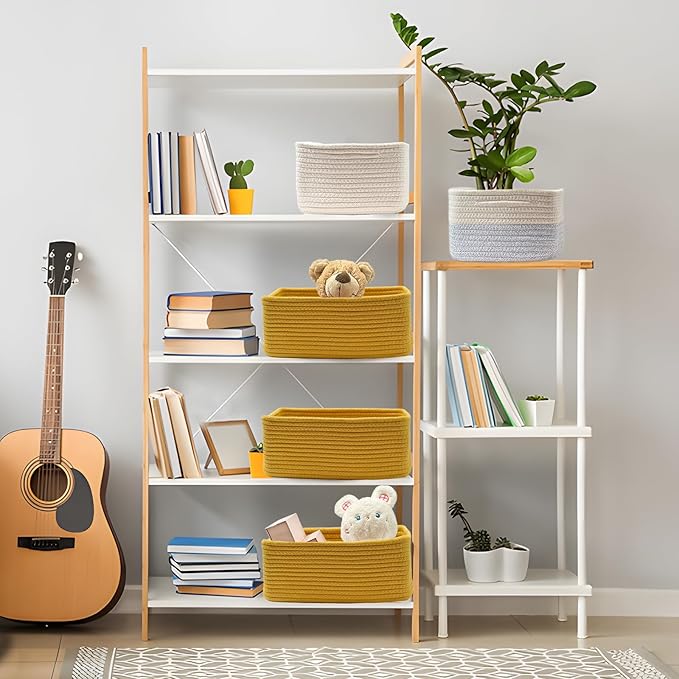 COMFY-HOMI 11.5"x7.5"x4.7" Storage Baskets for Organizing | Cotton Rope Woven Basket | Toy Storage Bin Box | Basket for Shelves, Closet Organizer Bin, Decorative Closet Shelf, 3 Pack, Yellow