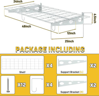 Ultrawall Garage Wall Shelves, 2 x 4 ft Wall Mounted Storage Shelves, Heavy Duty Wall Shelving with Hooks, Holds Up to 220 Lbs, 2Pack, White