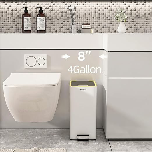 Stainless Steel 4 Gallon Slim Trash Can with Lid,15L Bathroom Garbage Can with Removable Wastebasket, Rectangular Garbage Cans for Office、 Bathroom,、Kitchen (White)