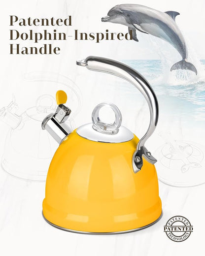 Harriet Tea Kettle Stovetop, 2.5 QT Whistling Stainless Steel Teapot, 3-Layer Base, Unique Ergonomic Handle, Includes Pot Holder & Mat, Electric/Induction/Gas Stovetops Applicable, Yellow