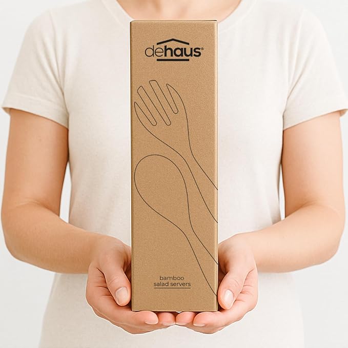 Dehaus® Large Premium Bamboo Salad Tongs - Eco Friendly Wooden Serving Spoons - Salad Serving Utensils - Salad Tosser Forks - Giant Wood Salad Servers - 12 inch Salad Hands