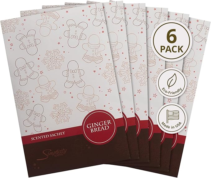 Simplicity Scents Gingerbread Scented Sachets Pack of 6, Fall & Winter - Long-Lasting Scented Bags, Home Fragrance, Air Freshener & Deodorizer for Closet, Room, Drawer, or Cars, Made in USA