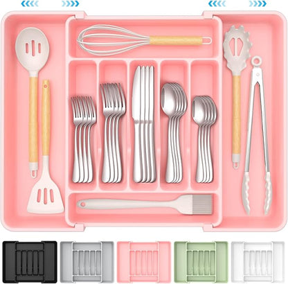 Extra Large Expandable Silverware Organizer, BPA-Free Food-Safe Cutlery Flatware Organizer, Kitchen Utensil Drawer Organizer, Adjustable Silverware Holder for Spoons Forks Knives, Pink