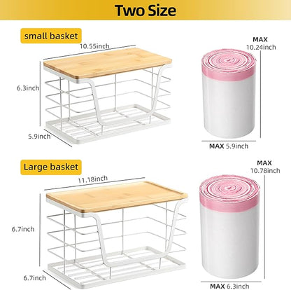 ALOCEO 2 Pack Extra Large Trash Bag Holder with Bamboo Top, Wall Mount Stainless Steel Organization and Storage for Kitchen Sink, White