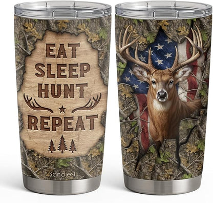 SANDJEST Hunting Tumbler 20oz, Stainless Steel Travel Cup with Lid, Eat Sleap Hunt Repeat Insulated Coffee Mug, Hunting Gifts for Men Friends Dad Grandfather on Birthday Christmas