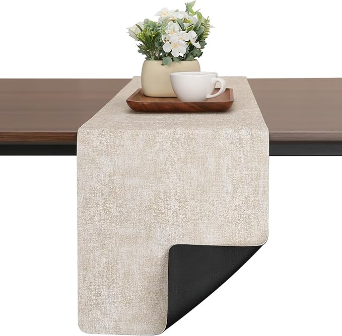 Table Runners 55 Inches Long, Dual-Sided Faux Leather Farmhouse Table Runner Waterproof Non-Slip for Living Room Party Home Decor Holiday Decorations(Cream-White Black, 15 x 55 Inch)