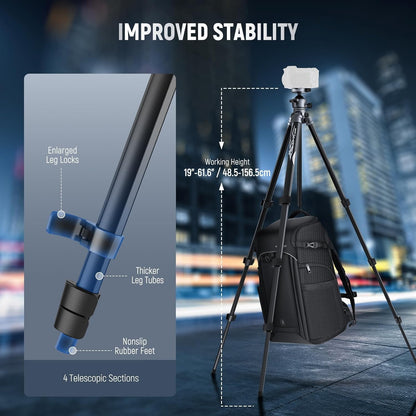 NEEWER LITETRIP LT07 61" Aluminum Travel Tripod for Camera w Pan Tilt Low Profile Ball Head, Arca QR Plate Compatible with Peak Design Tripod Plate V3, Dual Center Axis, Phone Holder, Max Load 22lb