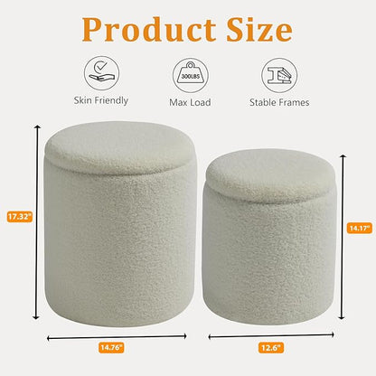 Round Ottoman with Storage Set of 2-Upholstered Sherpa Vanity Stool for Makeup Multifunctional Ottomans Coffee Table Padded Seat Foot Rest for Living Room&Bedroom(Sherpa White)