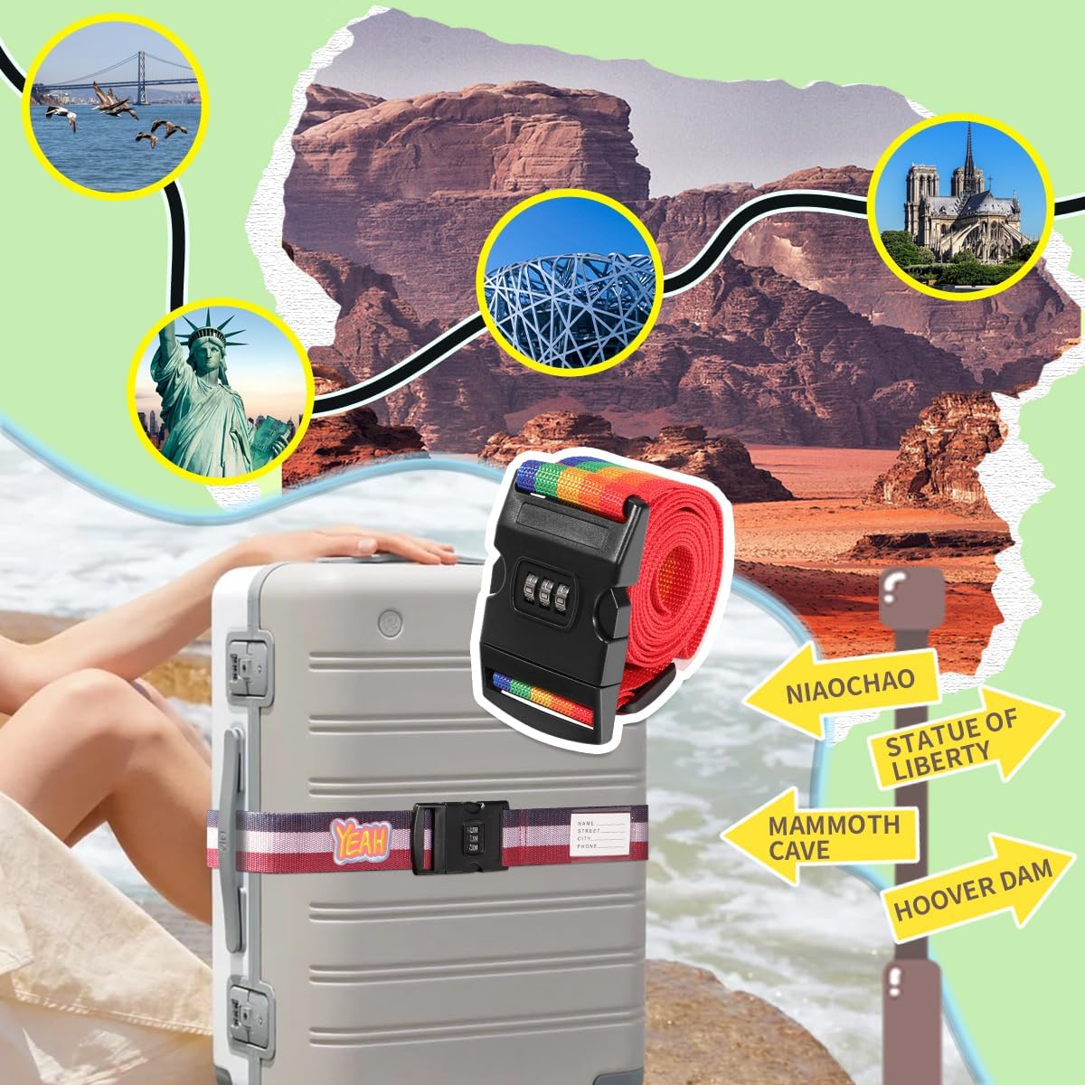 Adjustable Luggage Straps with Combination Lock – 4 Pack Bright Colors, Quick-Release Buckle, Secure Travel Luggage Straps for Added Safety(Multicolour Tricolor)