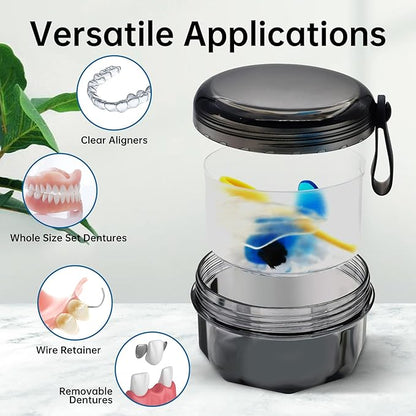 Leak Proof Denture Cups for Soaking Dentures, Partial Denture Bath Case Travel Retainer Cleaning Container Case with Brush for Aligner, Denture, Mouth Guard - Transparent Black