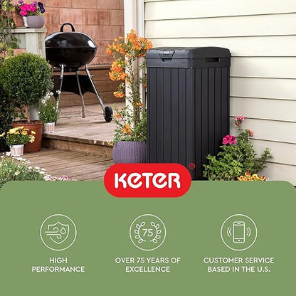 Keter Baltimore Resin 38 Gallon Outdoor Kitchen Trash Can with Lid and Drip Tray for Easy Cleaning-Perfect for Patio Dining, Black