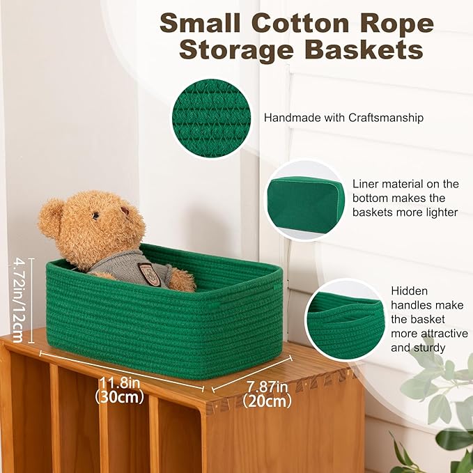3 Pack Small Storage Baskets for Organizing, Cute Woven Decorative Gift Baskets for Shelves, Mini Closet Organizer Bins with Handles, 11.81''Lx7.87''Wx4.72''H-Green