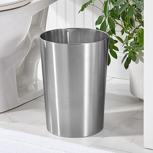 mDesign Stainless Steel Round Metal Trash Can, Small 4 Gallon Wastebasket, Garbage Basket Bin for Bathroom, Bedroom, Kitchen, or Home Office, Holds Waste and Recycle, Mirri Collection, Brushed