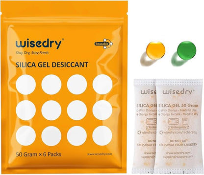wisedry 50 Gram [6PACKS] Rechargeable Silica Gel Desiccant Packets Fast Reactivate Desiccant Bags Orange to Green indicating for Air Dryer Food Grade