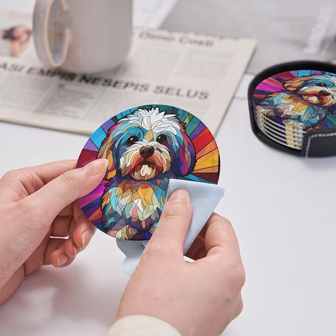 Havanese Stained Dog Breed Glass Art Leather Drinks Coasters