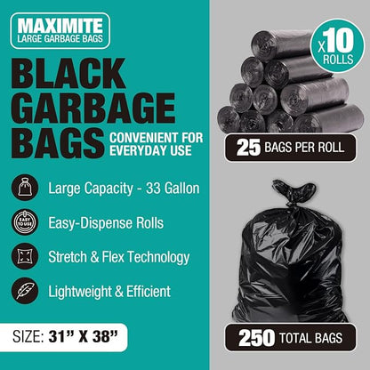 32-33 Gallon Black Trash Bags, Heavy-Duty | 32” x 38” | 250 Count Bulk Pack | Large, Durable & Tear-Resistant Garbage Bags for Home, Commercial, Construction & Outdoor Use