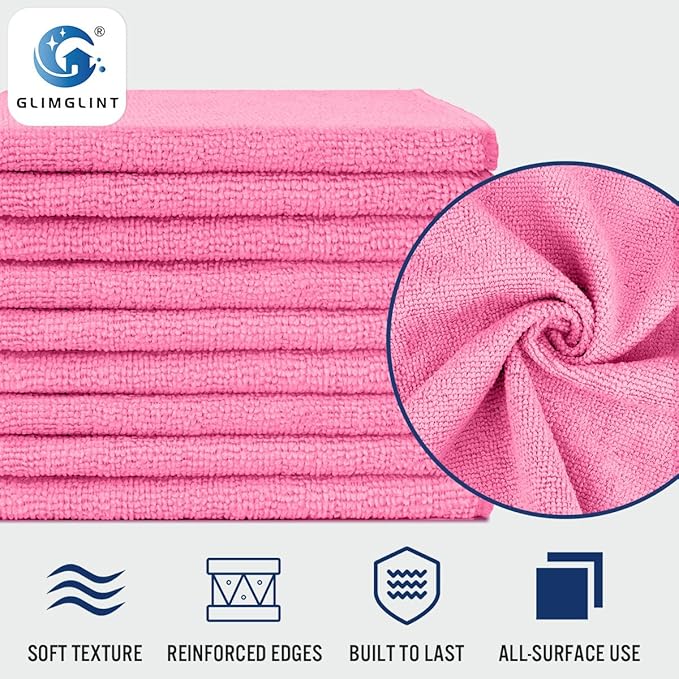 GLIMGLINT Pink Microfiber Cleaning Cloth, 12 Pack Cleaning Towels for Kitchen, Lint Free, Scratch-Free, Highly Absorbent, and Reusable Cleaning Rags for House, Window and Glass, Cars, 14"X12"