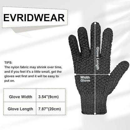 Evridwear Exfoliating Dual Texture Bath Gloves for Shower, Spa, Massage and Body Scrubs, Dead Skin Cell Remover, Gloves with Hanging Loop (1 Pair Black Heavy Glove)