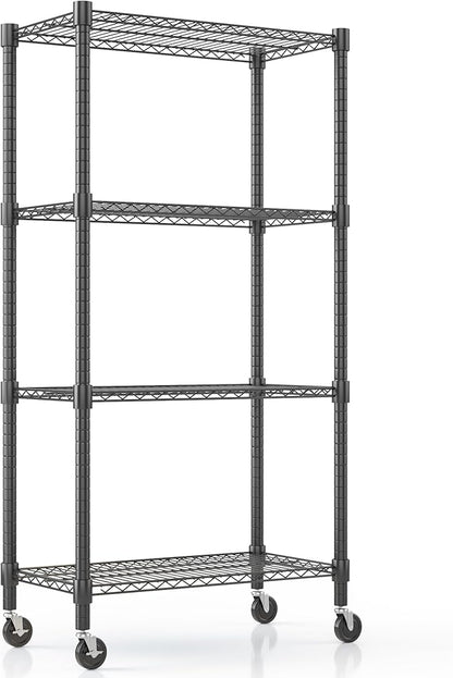 Himimi 72" H Wire Shelving Unit Storage, Metal Storage Shelves with Wheels, Heavy Duty Shelves with 4-Tier Adjustable Layer Rack Strong Steel for Kitchen Pantry Basement, 14" D×30" W×72" H, Black