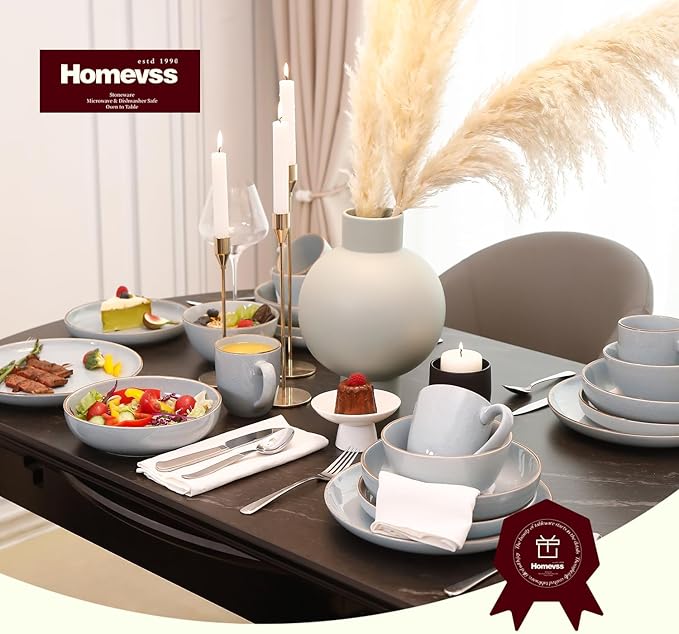 Stoneware Euro-Nordic 20pc Dinnerware Set, Shiny Light Blue with Speckle Effect