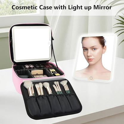 Travel Makeup Bag with LED Mirror Travel Makeup Organizer with 3 Lighted Settings, Adjustable Dividers and Makeup Brush Storage Bag Dark Pink