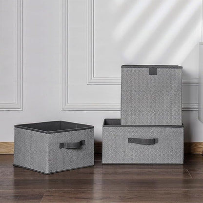 Storage Baskets, 11.8-Inch Woven Fabric Bins, Storage Cubes with Reinforced Handles, Organizer Bins for Closet Shelves, Foldable, for Toys, Clothes, Natural Beige (3PCS/Grey-11.8*11.8*11.8inch)
