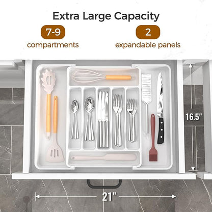 Extra Large Expandable Silverware Organizer, BPA-Free Food-Safe Cutlery Flatware Organizer, Kitchen Utensil Drawer Organizer, Adjustable Silverware Holder for Spoons Forks Knives, White