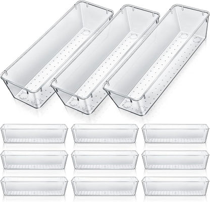 Maitys 12 Pcs Vanity Drawer Organizer 9 x 3 x 2 Inches Clear Plastic Utensil Organizers Kitchen Drawers Dividers for Office Desk Silverware Kitchen Utensils Cosmetics and Bathrooms(Clear)