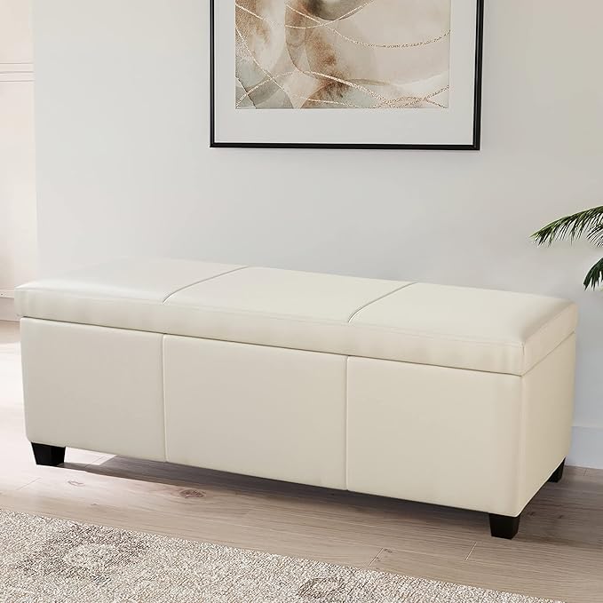 BELLEZE Storage Faux Leather Ottoman, 47 Inch Bench Bedroom Bench with Safety Close Hinge, Extra Long Ottoman with Storage for Living Room, Entryway, Foot Rest, Support 300lbs - Cream