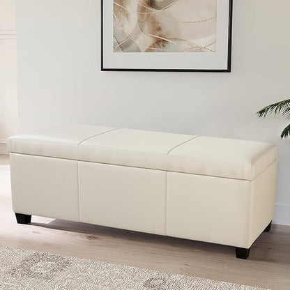 BELLEZE Storage Faux Leather Ottoman, 47 Inch Bench Bedroom Bench with Safety Close Hinge, Extra Long Ottoman with Storage for Living Room, Entryway, Foot Rest, Support 300lbs - Cream