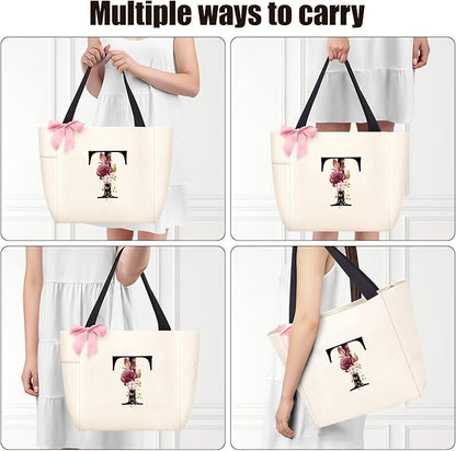 Vavabox Tote Bag, A-Z Initial Monogrammed Waterproof Tote Bag, Bridesmaid Gifts for Women, Black and Pink