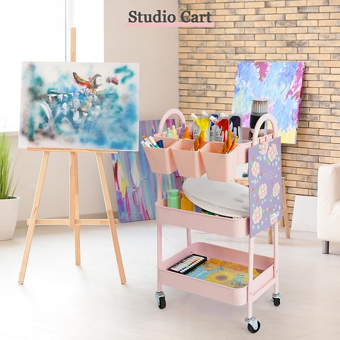 Danpinera 3-Tier Rolling Cart, Metal Storage Cart with Lockable Wheels, Hanging Cups & Hooks, Mobile Trolley for Kitchen, Bathroom, Office, Workshop, Pink