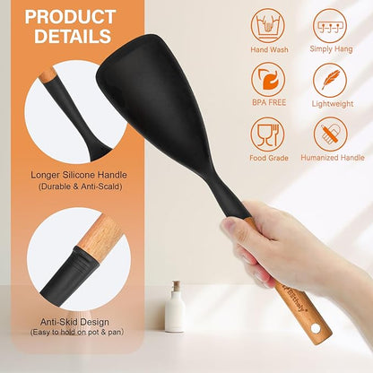 Silicone Cooking Spoon and Pasta Fork Set, 2 Pack Large Spatula Spoons Set with Wooden Handle, Nonstick Multifunction Spoon for Cooking, Serving, Mixing and Spaghetti (Black)