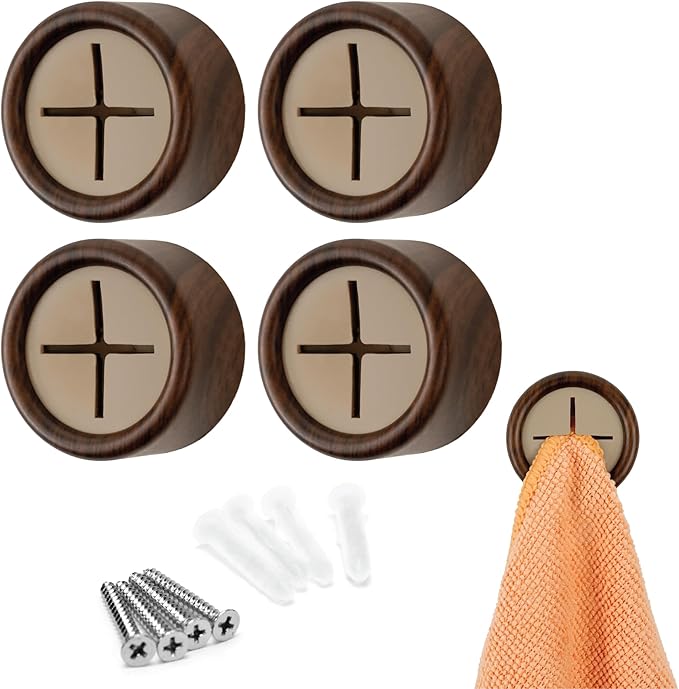 S&T INC. Round Adhesive Push Towel Hooks for Kitchen, Hand and Dish Towels, Plastic, Walnut, 4 Pack