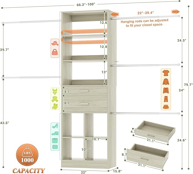 Closet System, 4-8 FT Closet Organizer Tower with 2 Wooden Drawers and Shelves, Can Fit 60 to 96 inch Walk-in Closet System with 5 Hang Rods, Built-in, Greige Oak