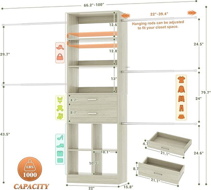 Closet System, 4-8 FT Closet Organizer Tower with 2 Wooden Drawers and Shelves, Can Fit 60 to 96 inch Walk-in Closet System with 5 Hang Rods, Built-in, Greige Oak
