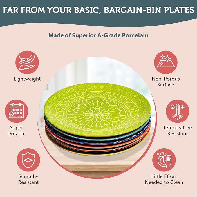 Dinner Plates - Mismatched Colorful Dinnerware Set of 6 - Fun Decorative Cute