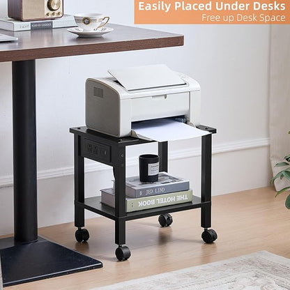 Lerliuo Under Desk Printer Stand with Charging Station, 2 Tier Wooden Small Printer Table with Storage, Rolling Printer Cart Shelf with Lockable Wheels for Home, Office (Black)