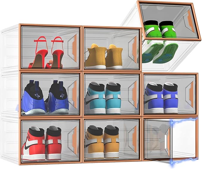 Shoe Storage Boxes Stackable, X-Large Plastic Clear Shoe Organizers with Magnetic Door, Thicken & Sturdy Sneaker Containers, Toy Storage Organizer Bins for Entryway, Closet, Under Bed