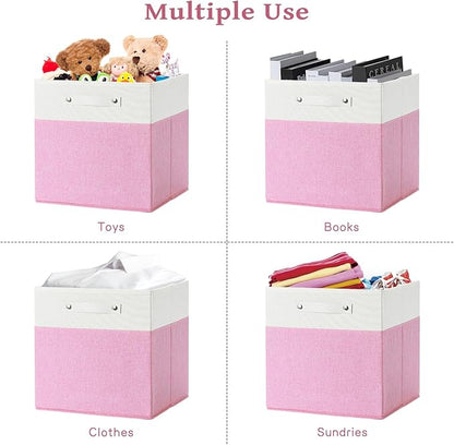 13 x 13 Inch Fine Linen Storage Bins with Handles，Fabric Cube Boxs，Collapsible Basket Organizers for Shelves for Home, Closet Drawers (White/Pink-6 Pack)