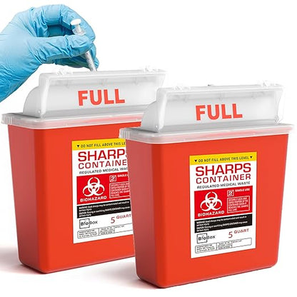 Sharps Container Large - Sharps Containers for Home Use and Labs - Portable Needle Disposal and Travel Size Biohazard Bin - 5 Quart Plus (Pack of 2)