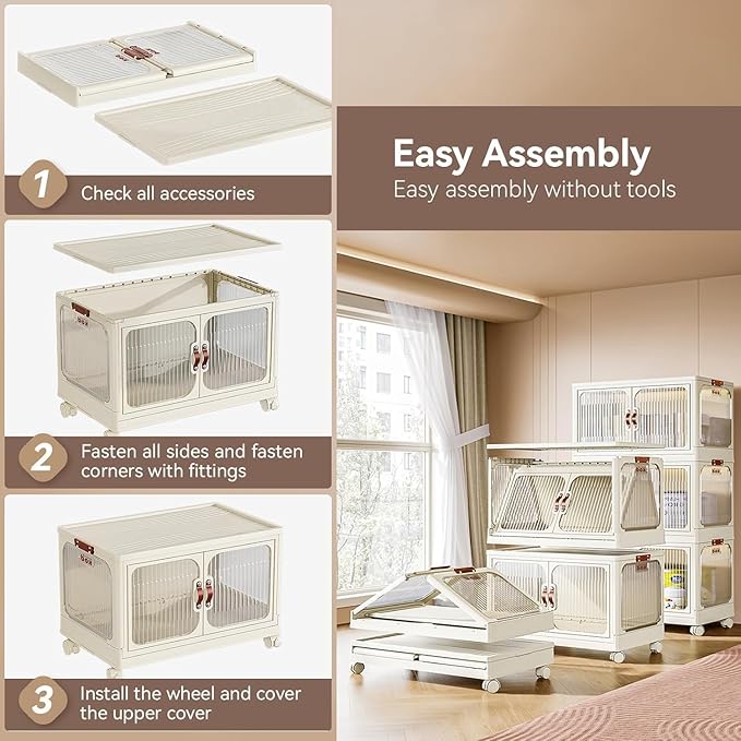 Multi-Purpose Stackable Plastic Storage Bins with Wheels & Lids - Space-Saving Foldable & Collapsible Organizers for Home, Pantry, Office, Dorm, Craft Room & Closet (4 Layers)
