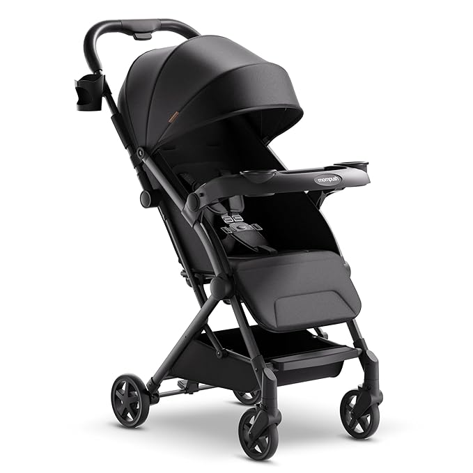 Mompush Lithe V2 Lightweight Travel Stroller, Compact Foldable Baby Stroller with Travel Bag, One-Hand Fold Stroller, Snack Tray, Mechanical Recline Seat, Airplane-Ready, UPF 50+ Canopy & Rain Cover