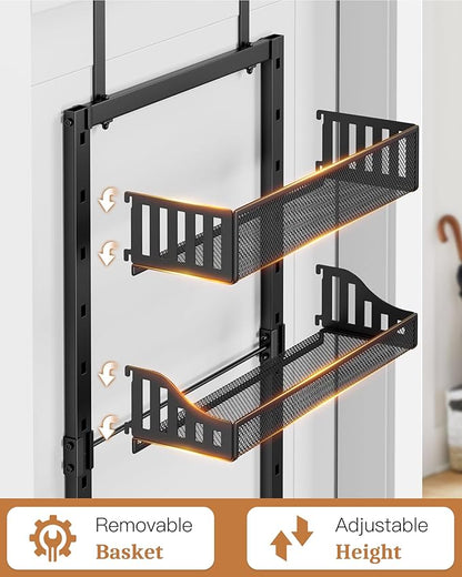 8-Tier Over the Door Pantry Organizer, Large Metal Door Spice Rack with Adjustable Basket, 2 in 1 Wall Mount or Hanging Heavy-Duty Pantry Door Storage Shelf for Kitchen and Bathroom, Black
