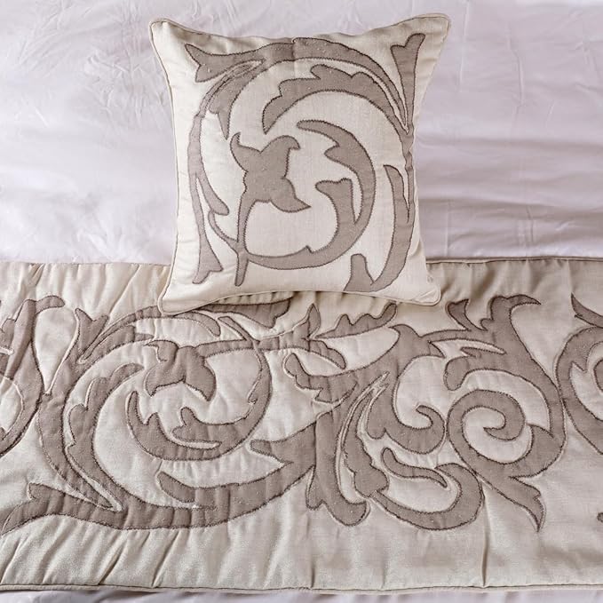 The HomeCentric Luxury Ivory & Beige Twin 53 x 18 inch Bed Runner with 2 Pillow Cover, Linen Lurex Applique Bed Scarf, Abstract Modern - Pretty Dainty