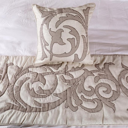 The HomeCentric Designer Ivory & Beige Queen 74 x 18 inch Bed Runner with Pillow Cover Set, Linen Lurex Applique Bed Scarf, Abstract Modern - Pretty Dainty