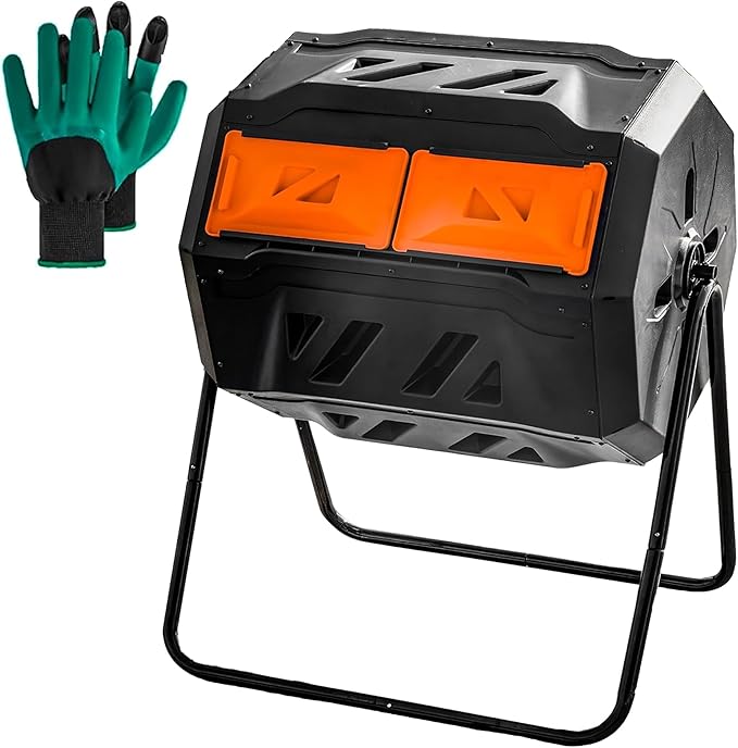 Hourleey Compost Bin Outdoor, 43 Gallon Dual Chamber Tumbling Composting Bin with Sliding Doors, Tumbler Rotating Batch Composter Bin for Garden Kitchen Yard