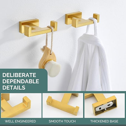 Angle Simple Double Towel Hook Brushed Gold 2 PCS, SUS304 Stainless Steel Bathroom Hand Towel Holder, Double Robe Hook for Wall